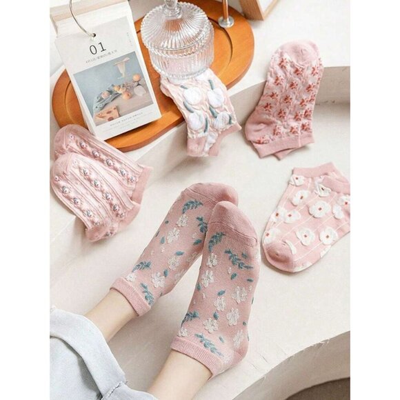Women 5 Pairs Low-Cut Floral Print Ankle Short Socks Double-Line Anti-Slip - Picture 9 of 11